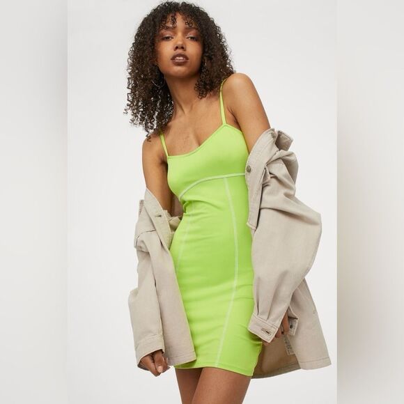 H&M Lime neon Green Mini Dress women’s m medium athletic summer NWT - Picture 1 of 2